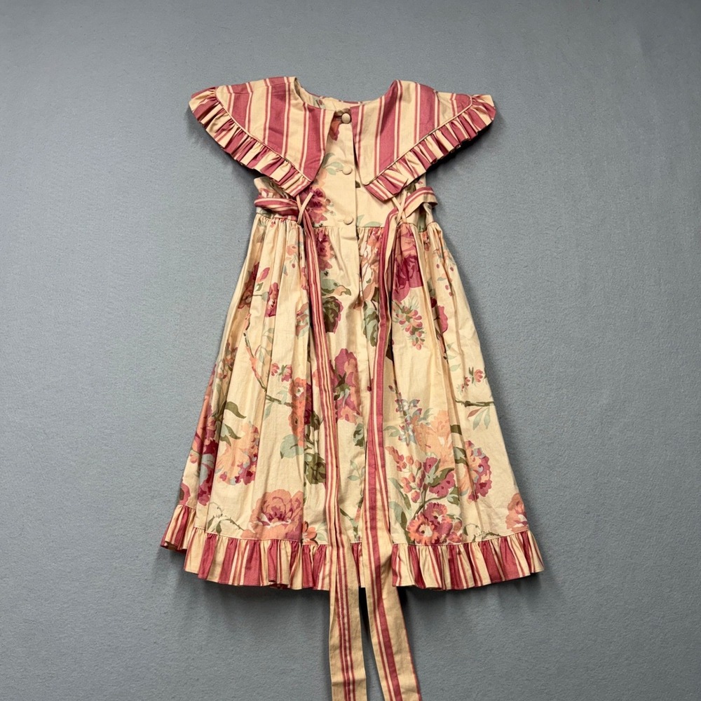 PJ Lindberg Floral Stripe Dress Girls 5 Pink Tan Vintage 70s Ruffle Collar